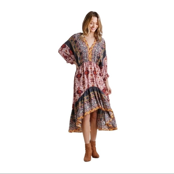 CLEARANCE- Small Umgee Boho Gypsy Multi-Print Midi-Dress - Picture 2 of 5